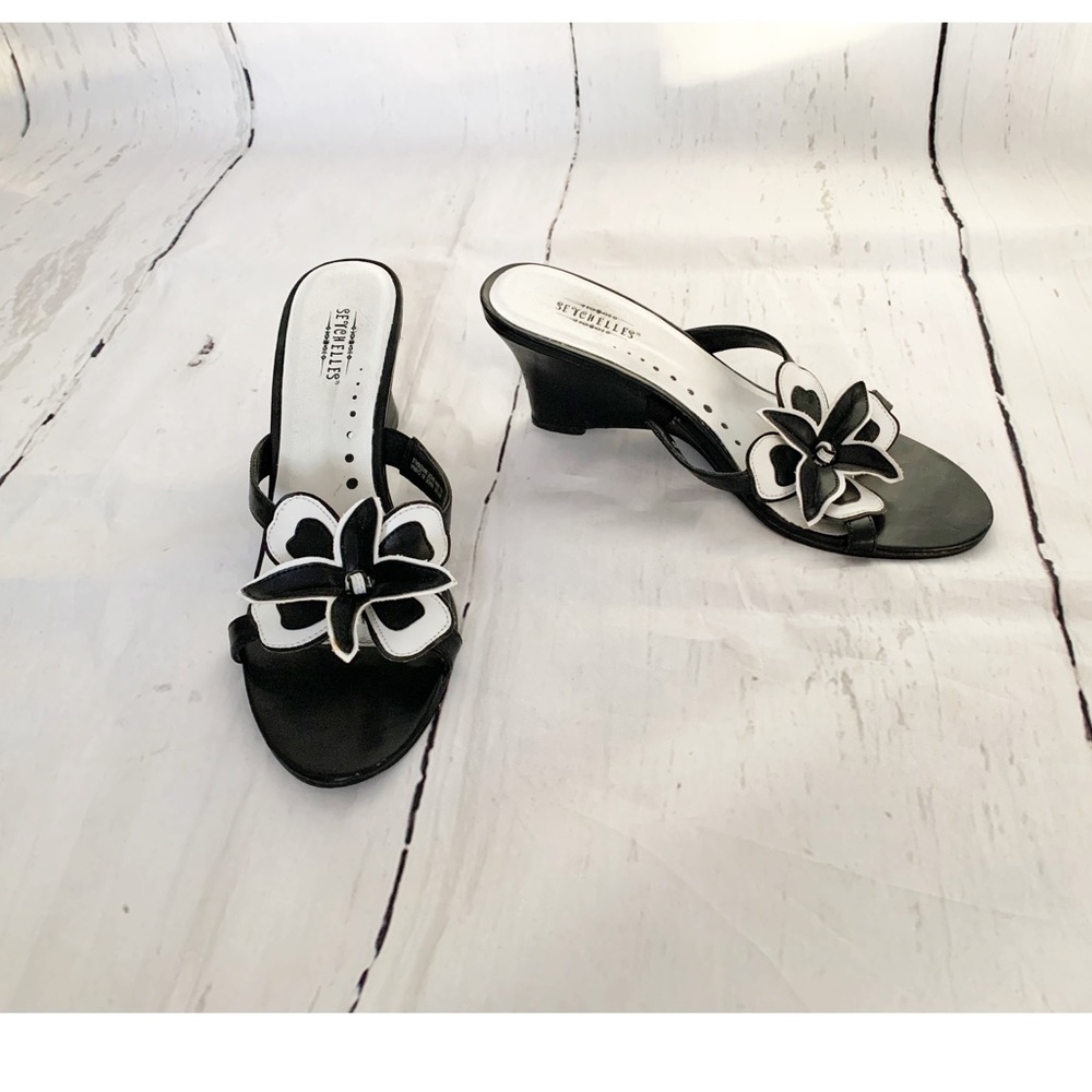 Seychelles Black White Wedge Sandals Size 8